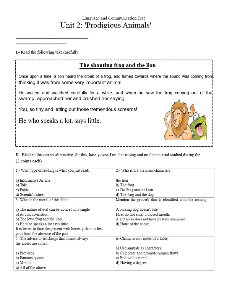 Language and Communication Test - Unit 2 Fable | PDF | Mouse
