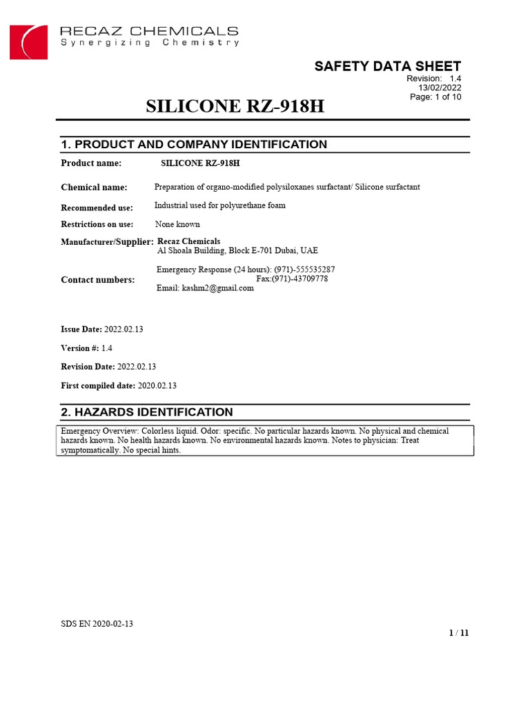 Silicone RZ-918H MSDS | PDF | Toxicity | Waste
