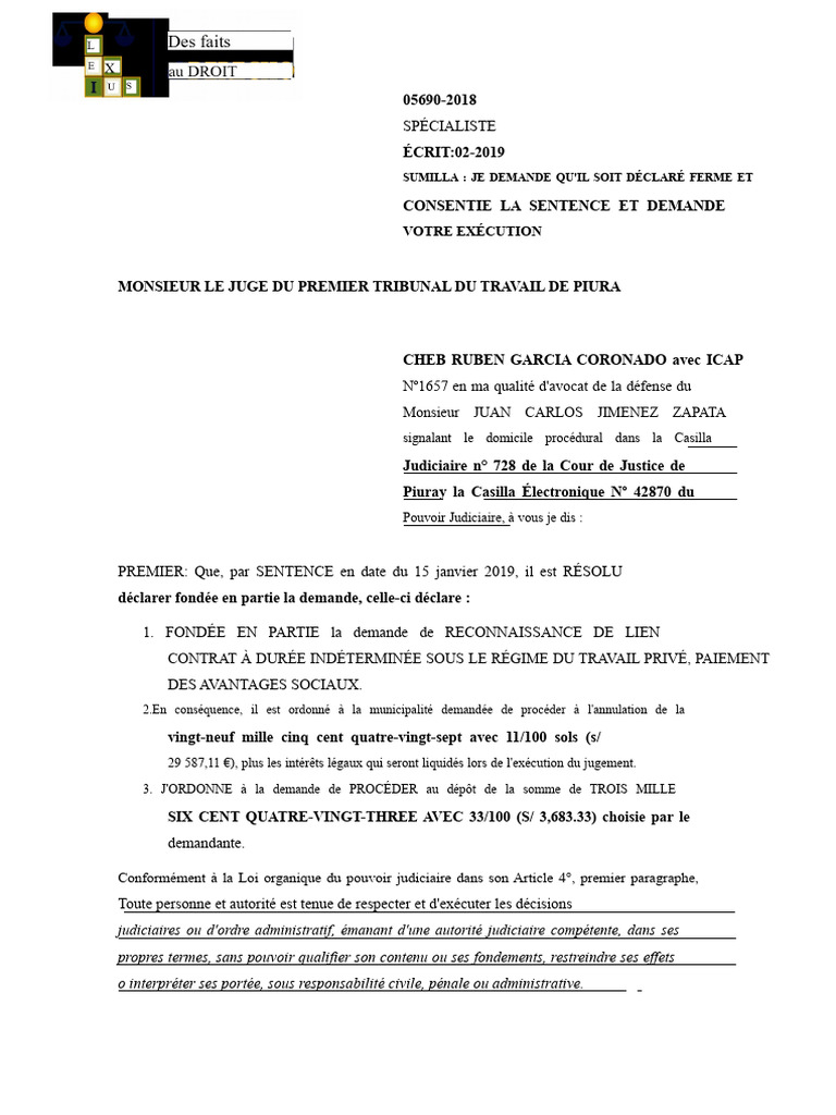 Demande d'exécution de jugement à Piura | PDF | Justice | Crime et violence