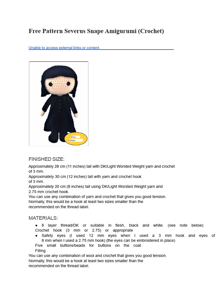 Free Severus Snape Amigurumi Pattern | PDF | Crochet | Yarn