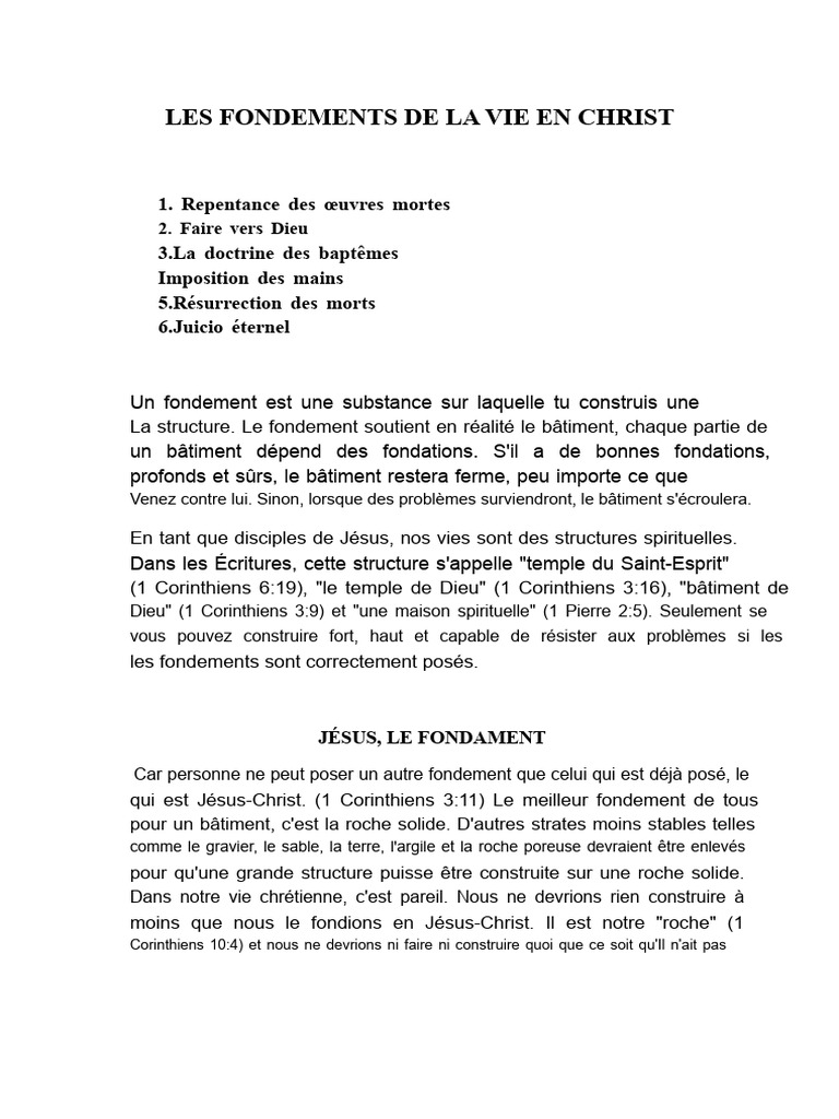 Fondements de la Vie Chrétienne en Christ | PDF | Foi | Dieu