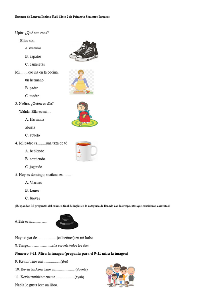 Examen UAS de Inglés para El Segundo Grado de Primaria, Semestre Impar ...