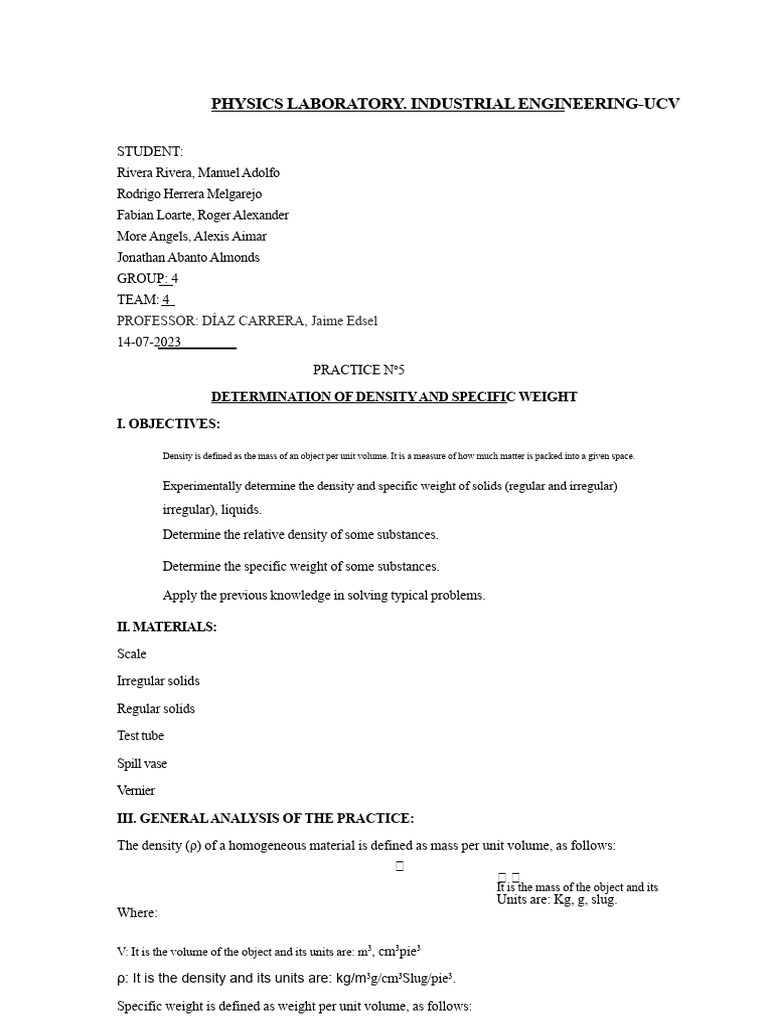 Density and Specific Weight Lab Report | PDF | Density | Volume