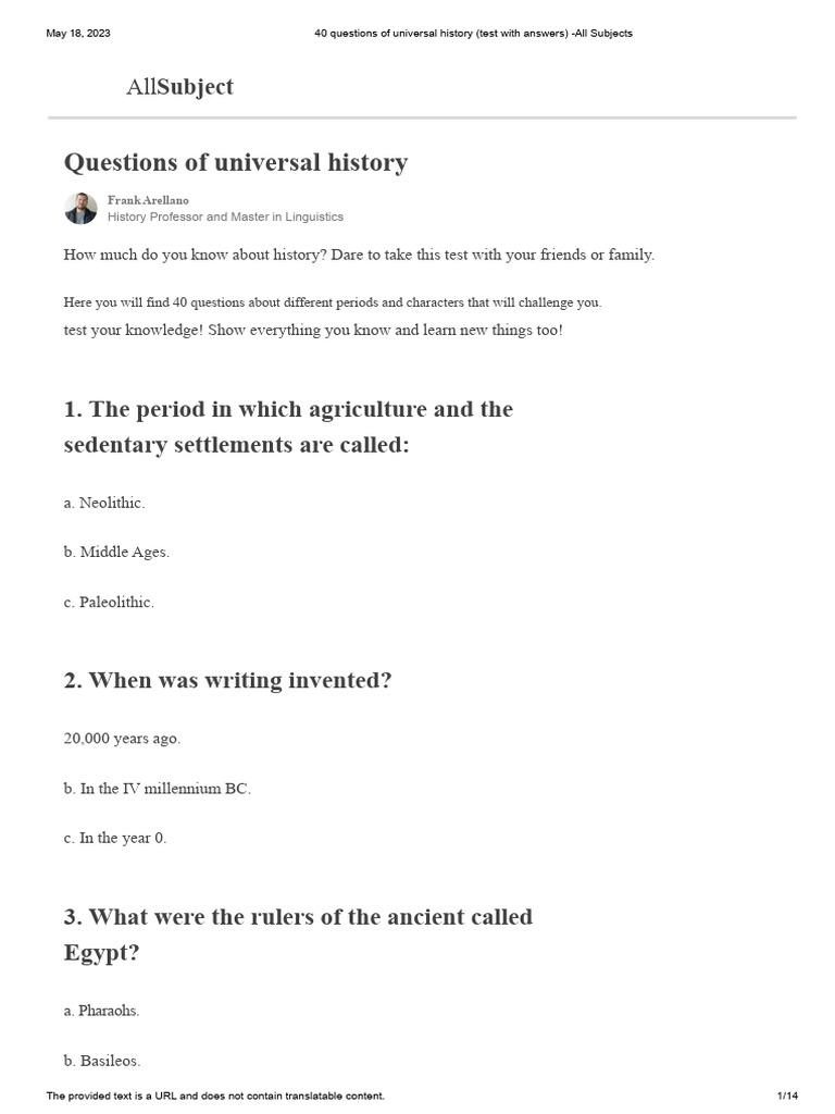 40 Universal History Quiz Questions | PDF
