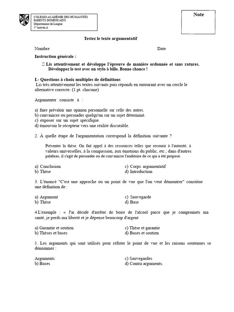 Test de texte argumentatif corrigé | PDF | Argumentation