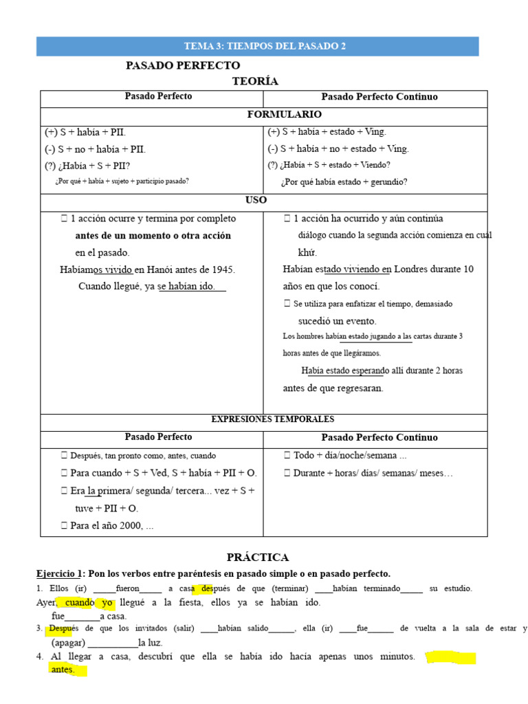 PASADO PERFECTO Vs PASADO PERFECTO CONTINUO | PDF