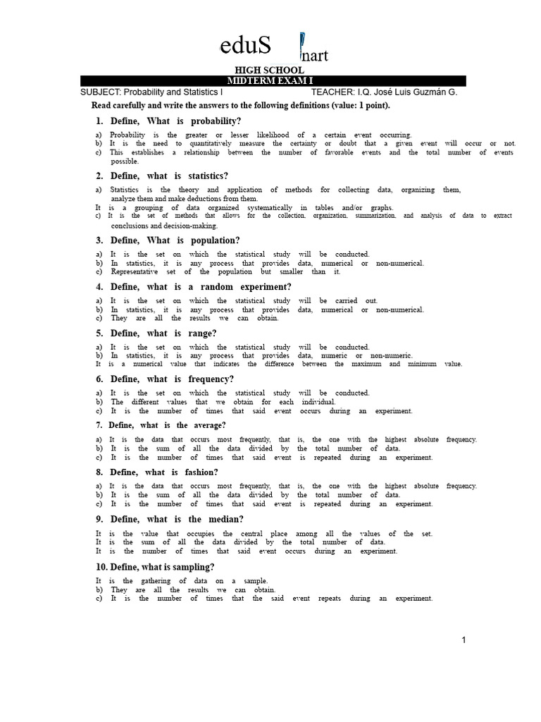 Probability and Statistics I Exam, Midterm I | PDF | Statistics ...