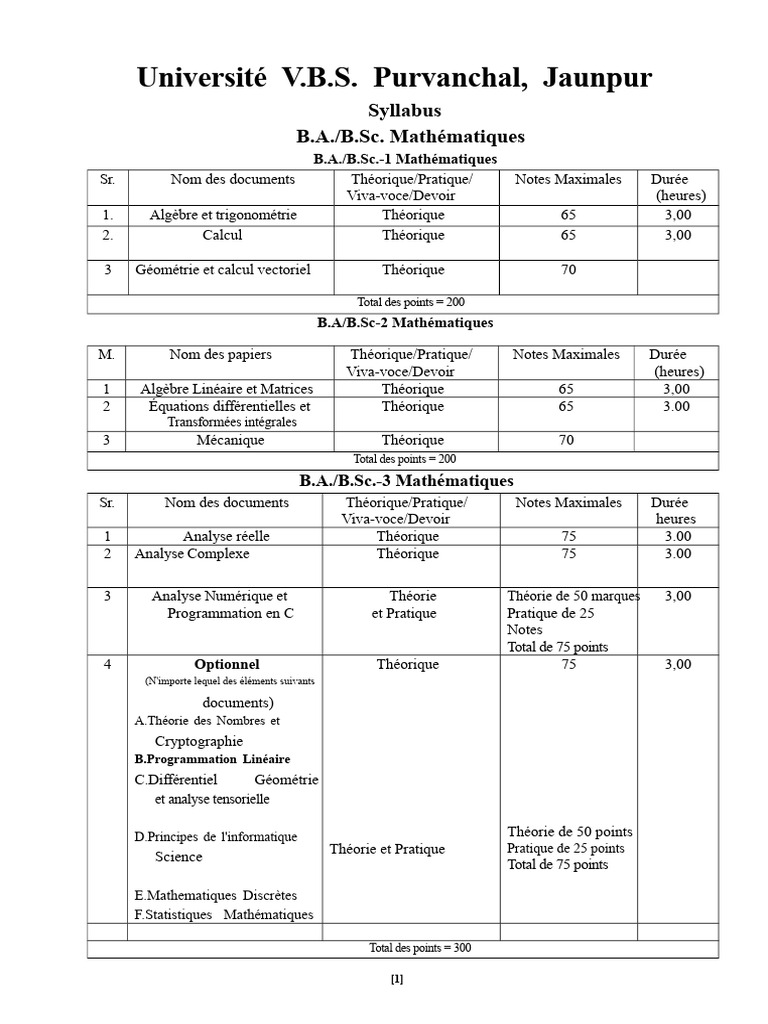 Syllabus B.A./B.Sc. Mathématiques 2023 | PDF | Matrice (Mathématiques ...