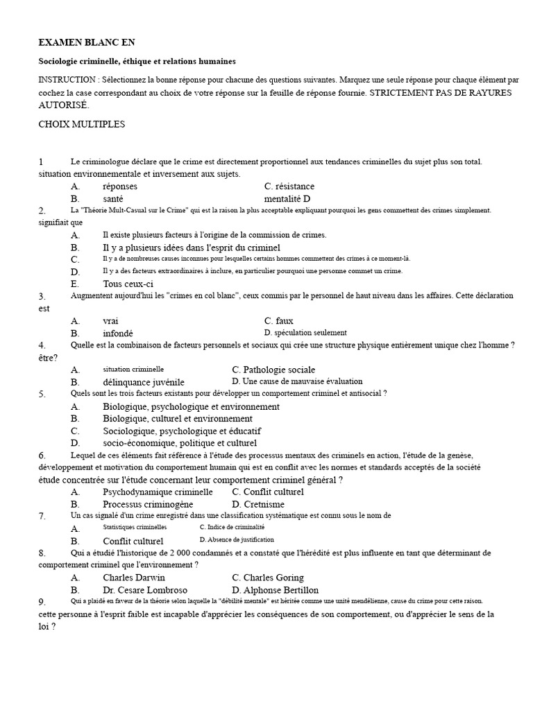 Examen Blanc en Sociologie Criminelle | PDF | Crimes | Crime et violence