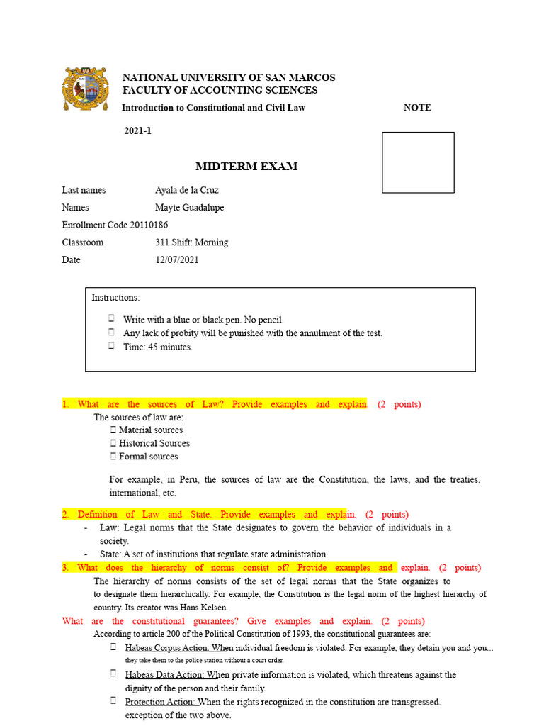 Midterm Exam of Introduction To Constitutional and Civil Law | PDF ...