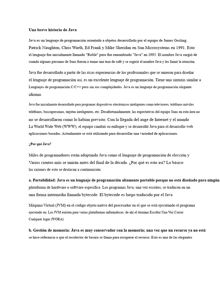 Breve historia de Java | PDF | Java (lenguaje de programación) | Objeto ...