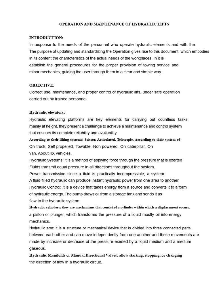Hydraulic Lift Operation & Maintenance Guide | PDF | Elevator | Hydraulics