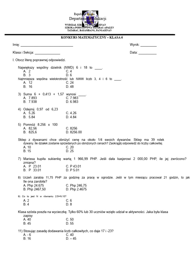 Konkurs Matematyczny Klasa 6 PDF