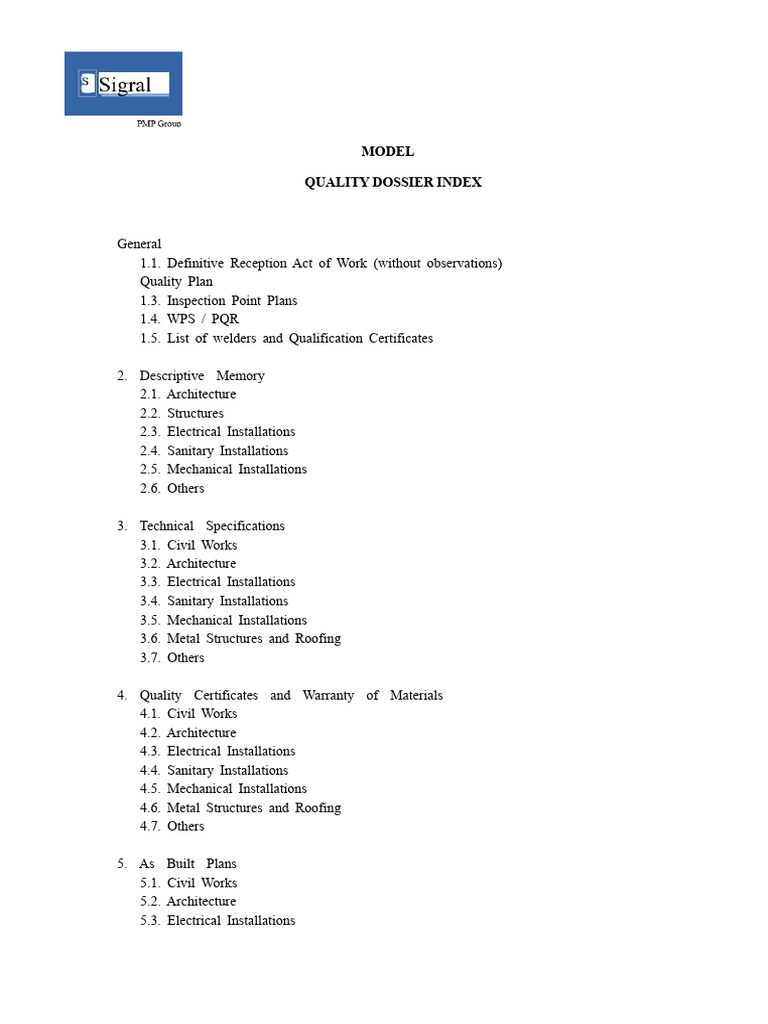 MODEL Quality Dossier Index 1 | PDF | Concrete | Welding