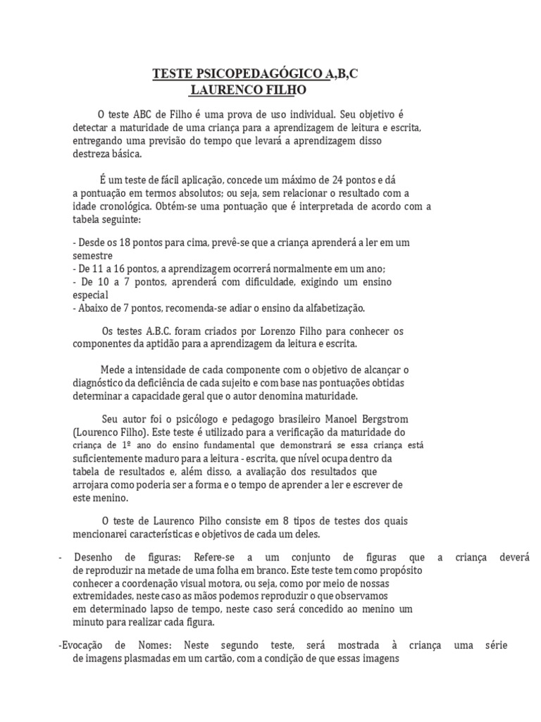 Teste ABC de Maturidade para Alfabetização | PDF | Aprendizado ...