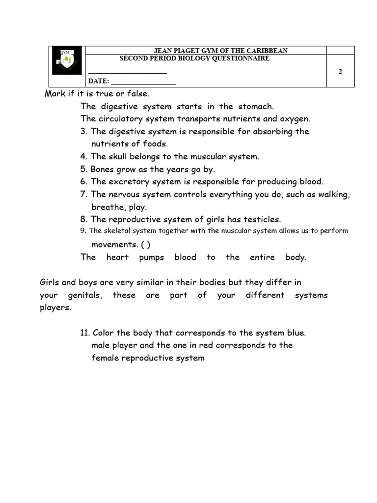 Biology Questionnaire on Human Systems | PDF | Human Body | Human Anatomy