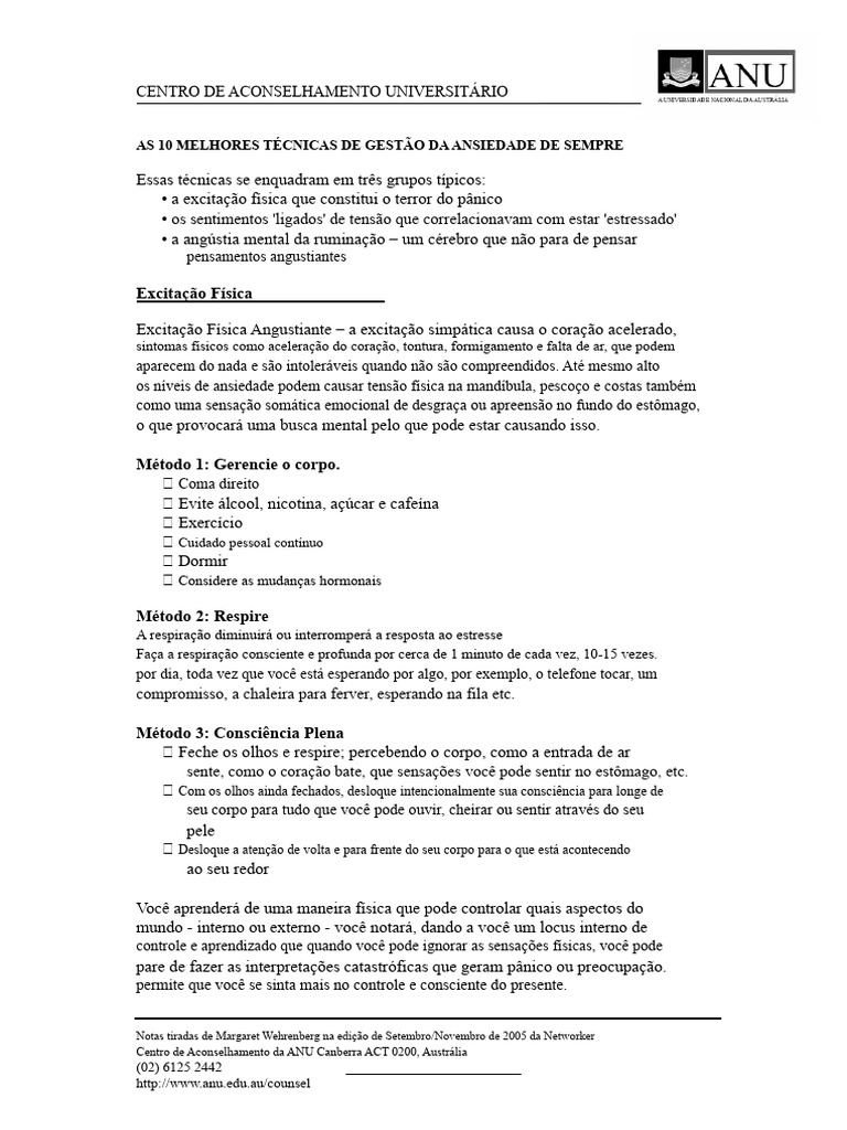10 Técnicas Eficazes para Controlar Ansiedade | PDF | Pensamento ...