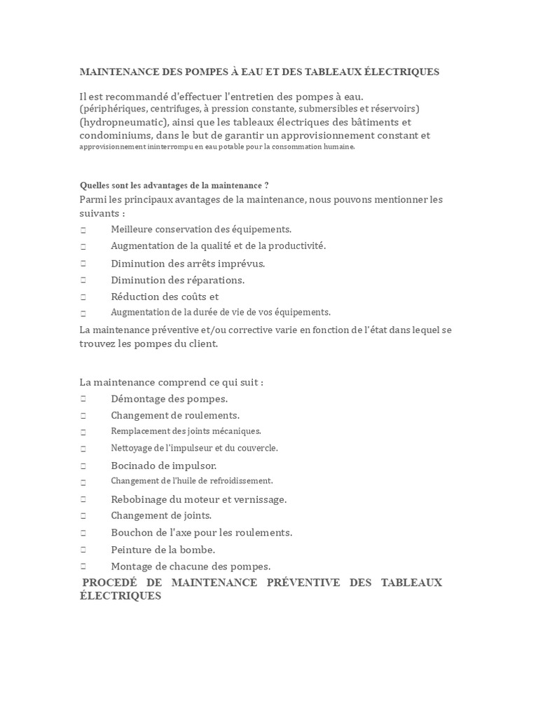 Maintenance des Pompes et Tableaux Électriques | PDF | Pompe | Eau