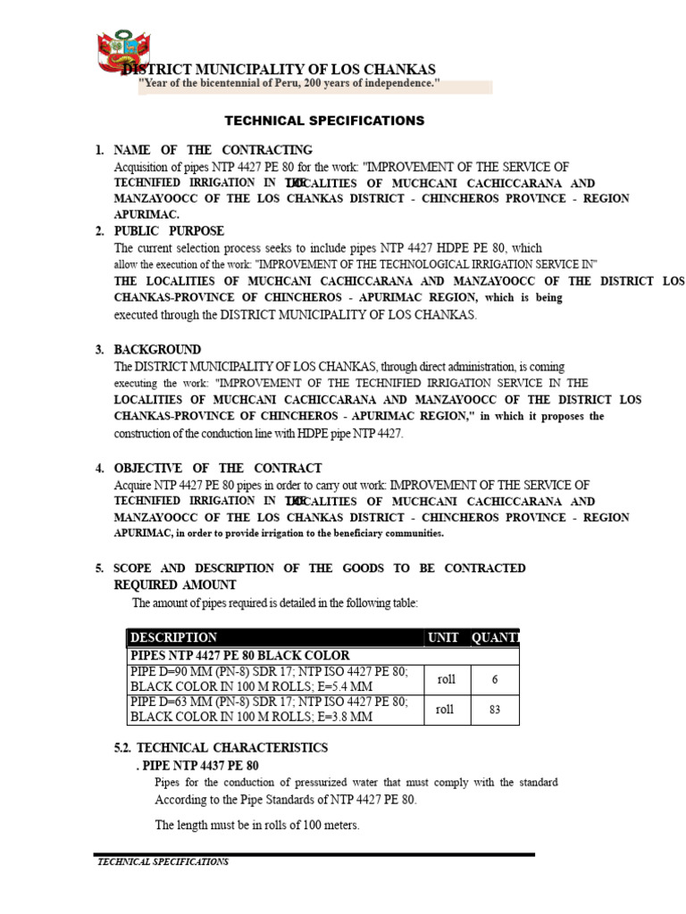 Irrigation Pipe Acquisition Specifications | PDF | Receipt ...