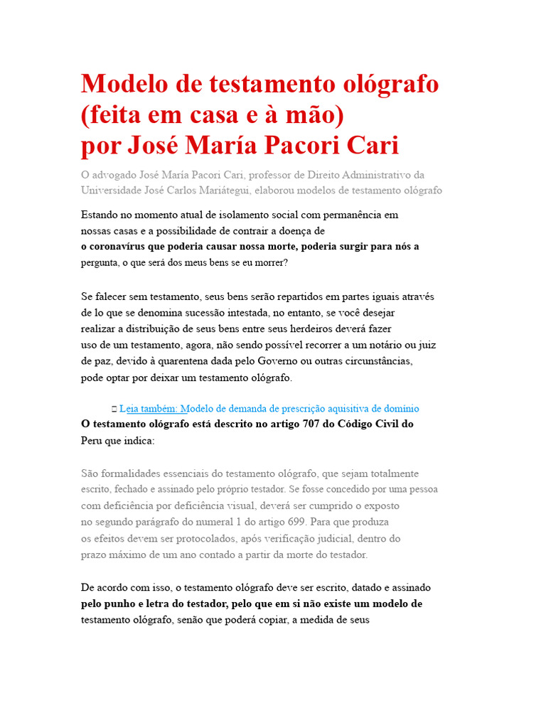 Como Fazer Um Testamento Ol grafo Em Casa PDF Testamento Lei De 