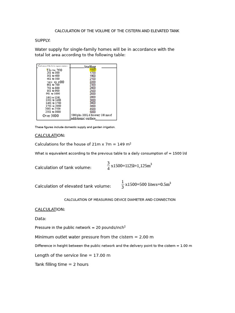 Cistern and Elevated Tank Volume Calculation | PDF | Sanitation | Pump