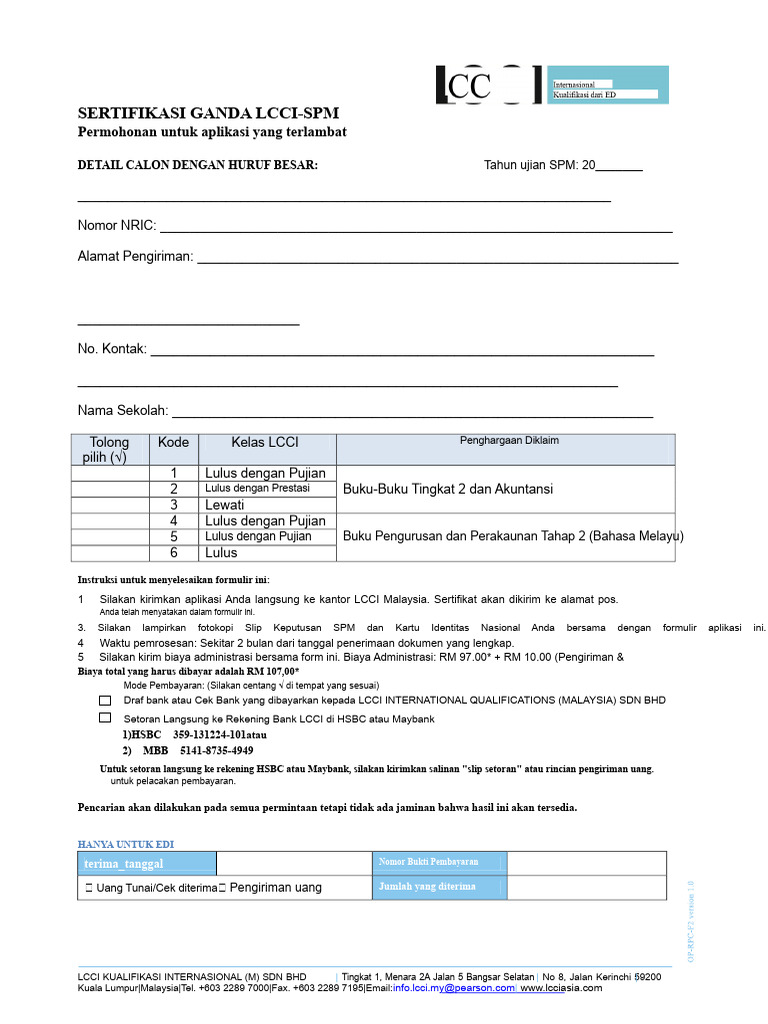 Aplikasi Terlambat Sertifikasi LCCI-SPM | PDF