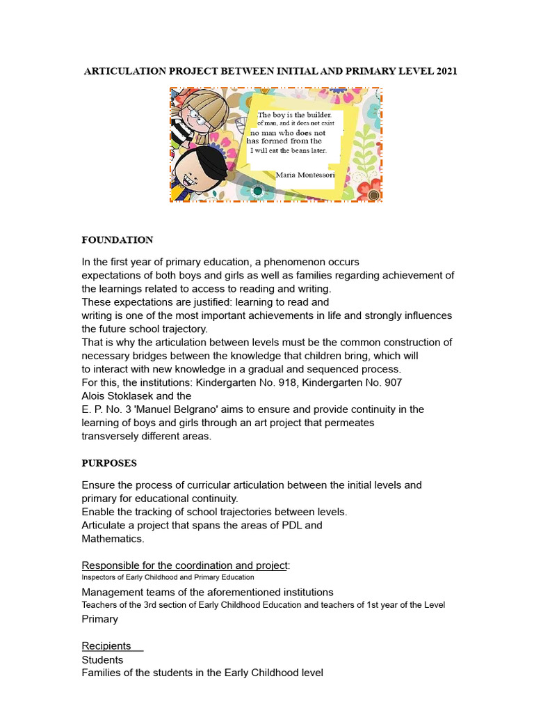 Articulation Project Between Initial Level and Primary 2021 | PDF ...