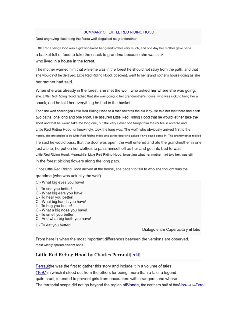 Summary of Little Red Riding Hood | PDF | Little Red Riding Hood