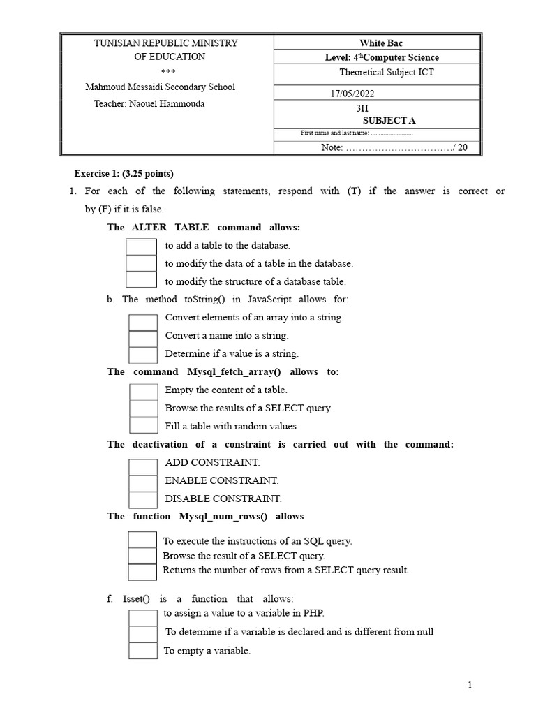 ICT Theoretical Exam for Computer Science | PDF | Databases | Sql