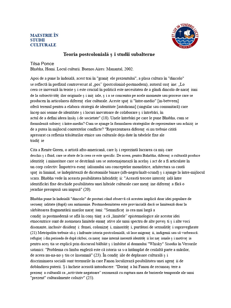 Bhabha, Homi, Locul Culturii | PDF