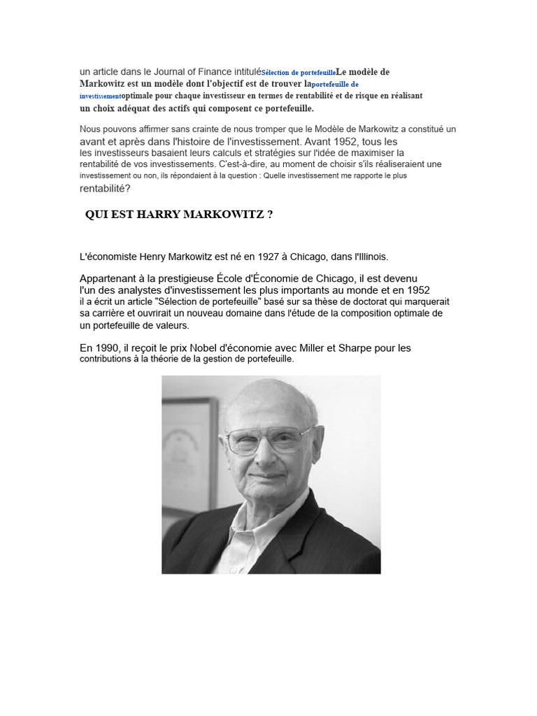 Modèle de Markowitz : Portefeuille optimal | PDF | Investisseurs ...