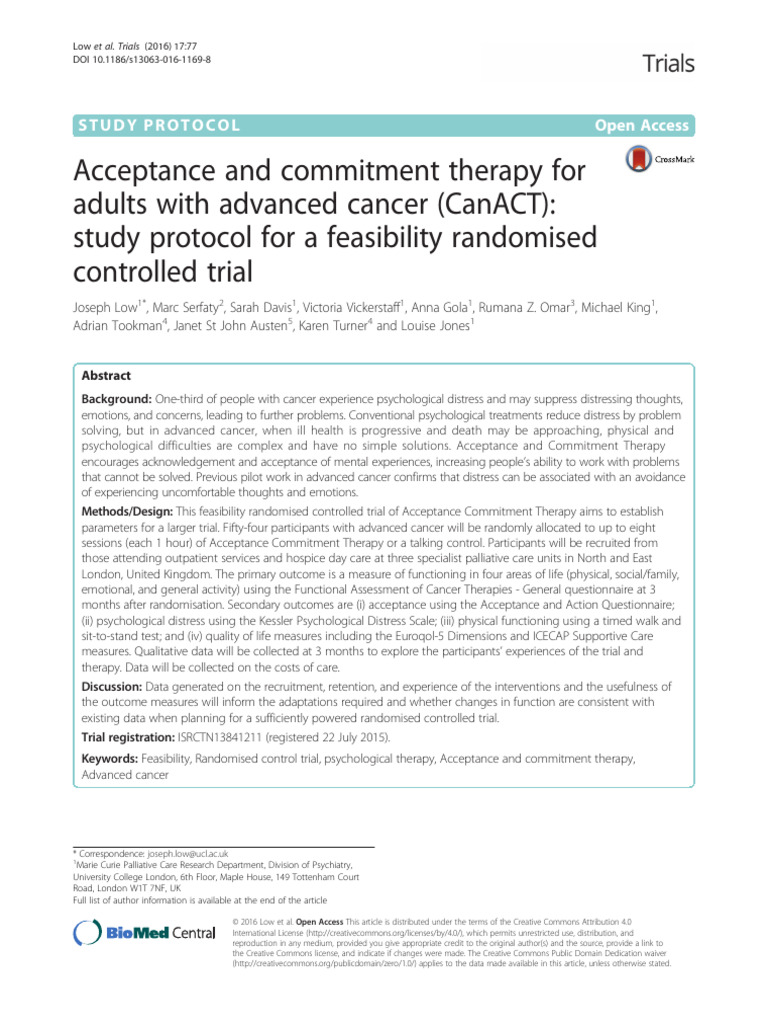 Acceptance and Commitment Therapy For Adults With Advanced Cancer ...