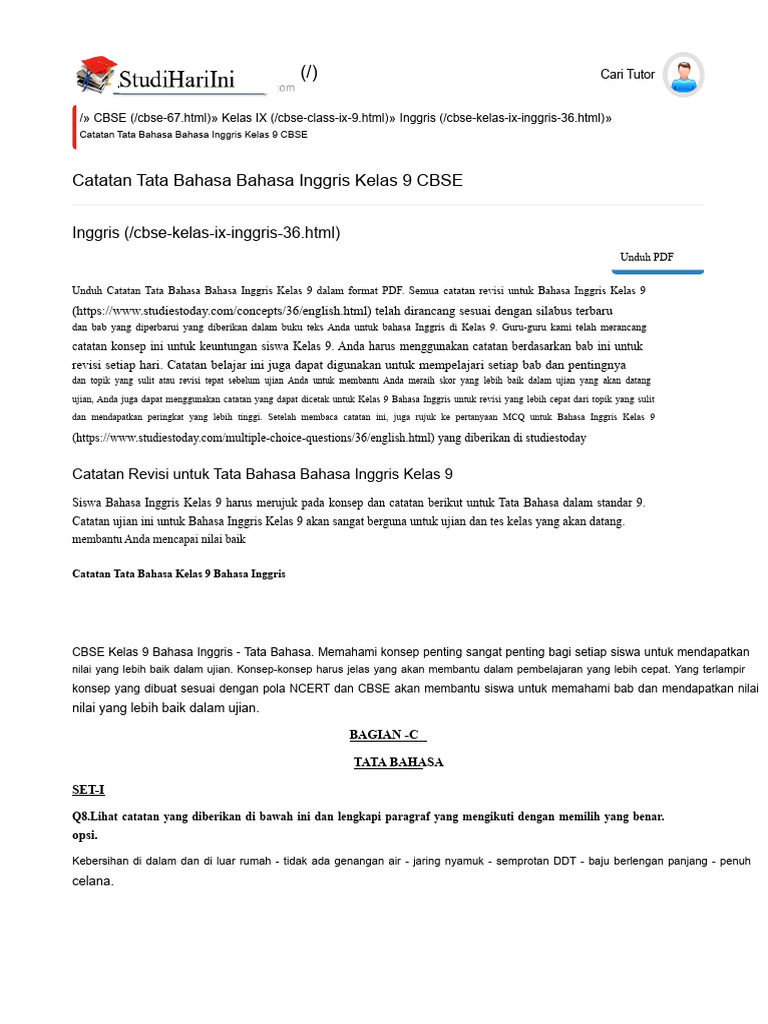 Tata Bahasa Kelas 9 | PDF