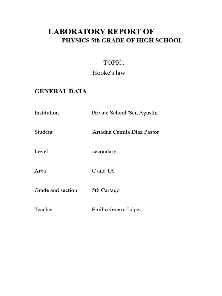 Physics Laboratory Report 5th Year of Secondary School | PDF ...
