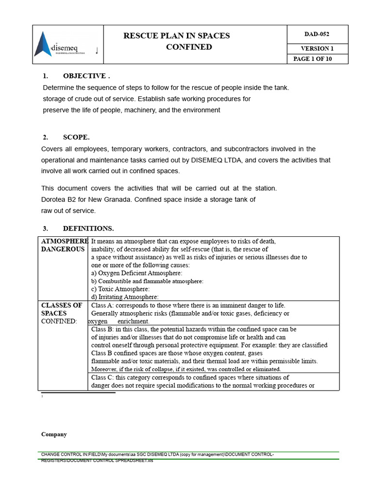 Dad-052 Confined Space Rescue Plan | PDF | Safety | Occupational Safety ...