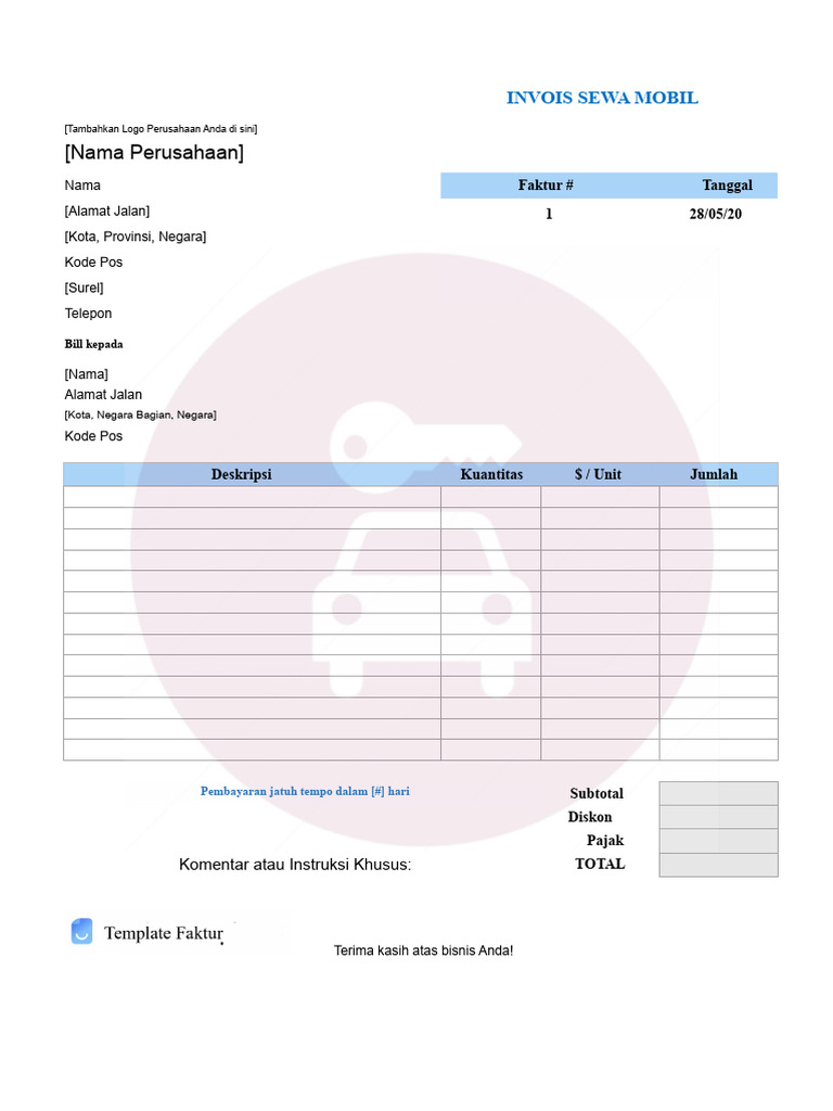 Invoice Sewa Mobil Profesional | PDF