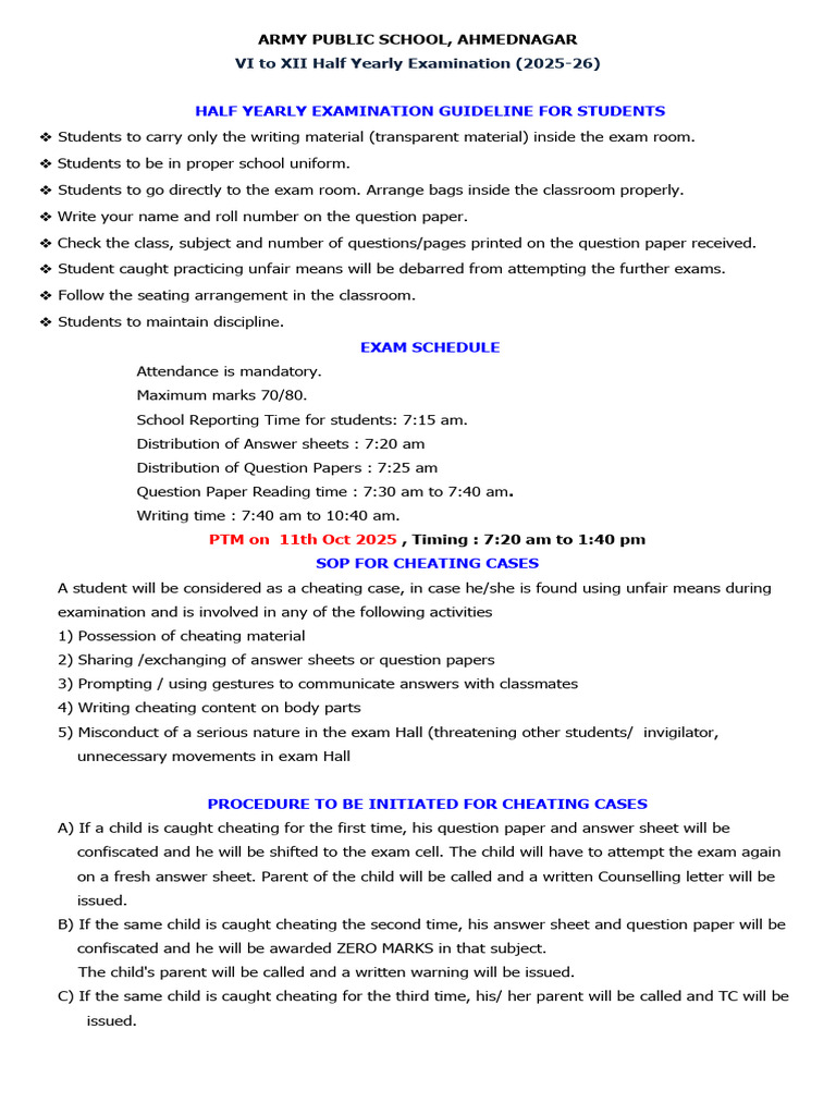 2025 Half Yearly Exam Guidelines | PDF