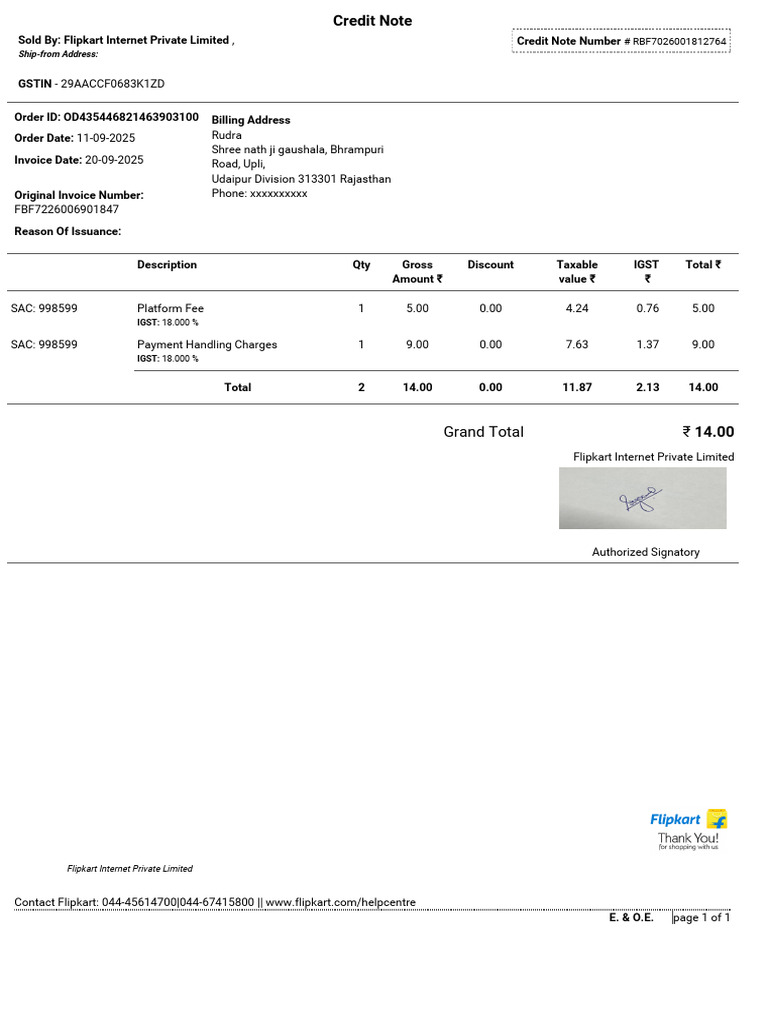 Flipkart Credit Note for Order OD435446821463903100 | PDF | Invoice ...