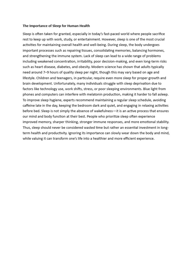 The Importance of Sleep For Human Health | PDF