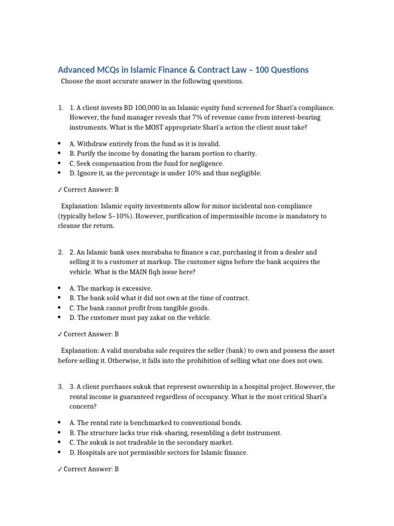 100 Advanced MCQs on Islamic Finance | PDF | Islamic Banking And ...