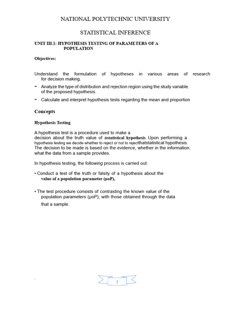 Unit Iii.1 Hypothesis Testing For A Population | PDF | Hypothesis ...