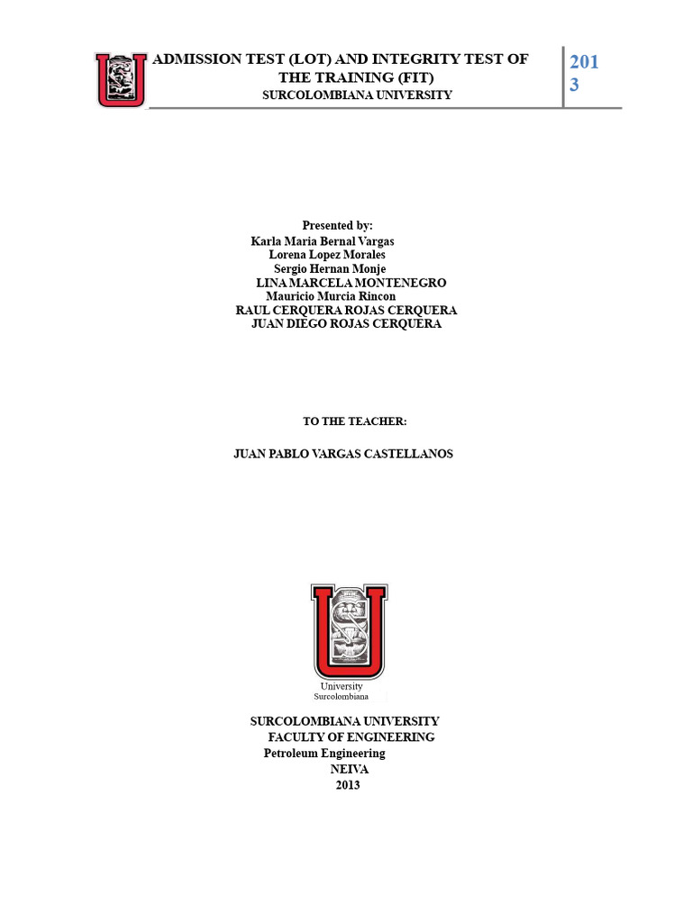 Admission Test (Lot) and Training Integrity Test (Fit) | PDF | Porosity ...