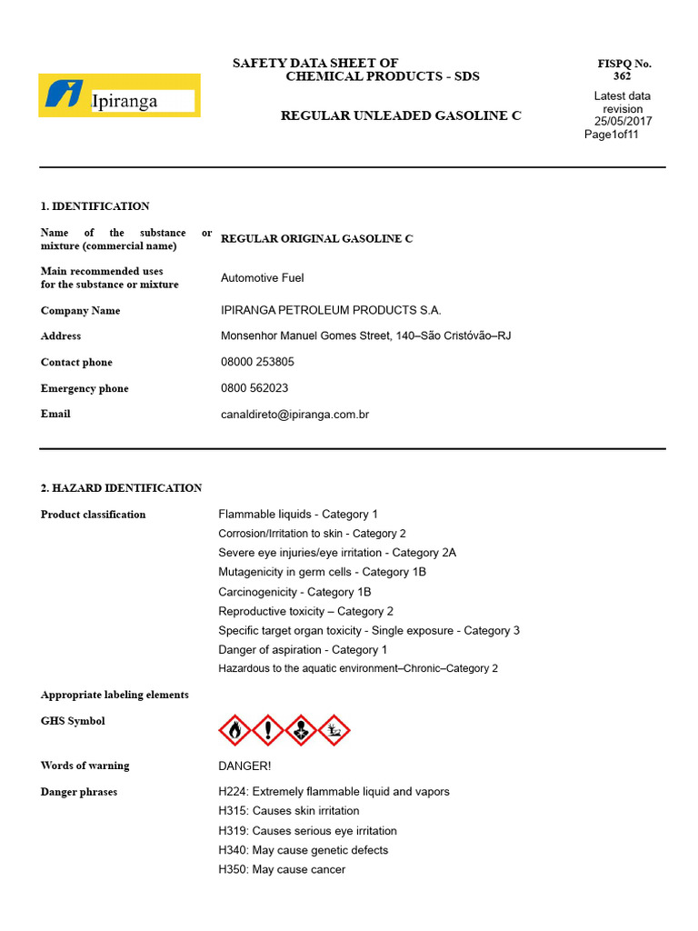 Common Gasoline C - Safety Data Sheet (SDS) | PDF | Gasoline | Toxicity