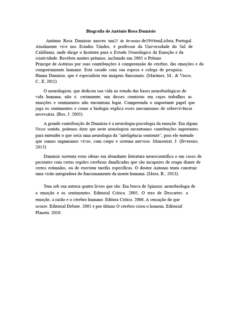 Biografia de António Rosa Damásio | PDF | Emoções | Psicologia