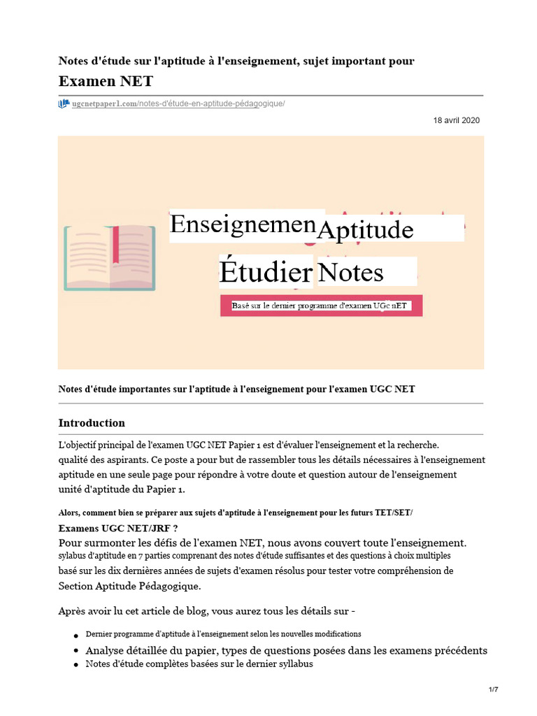 Aptitude à l'enseignement : Notes UGC NET | PDF | Apprentissage ...