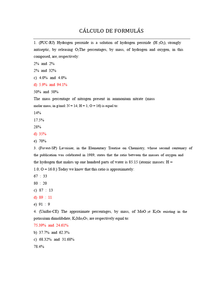 Calculation of Formulas | PDF | Mole (Unit) | Molecules