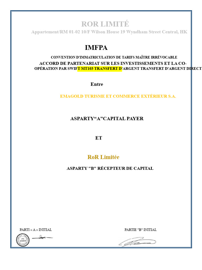 Accord d'Investissement et Transfert MT103 | PDF | Banques | euro