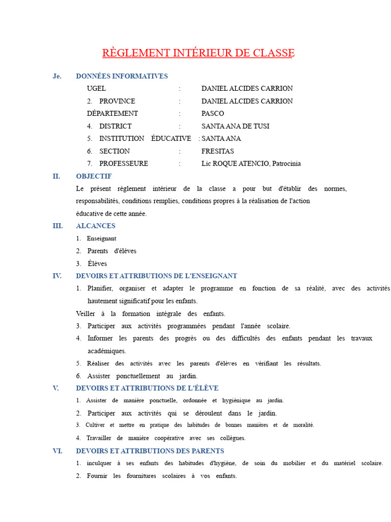 Règlement Intérieur de Classe Primaire | PDF