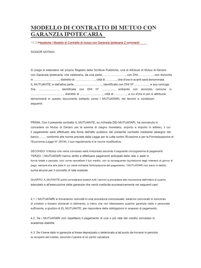 Modello Di Contratto Di Mutuo Con Garanzia Ipotecaria | PDF