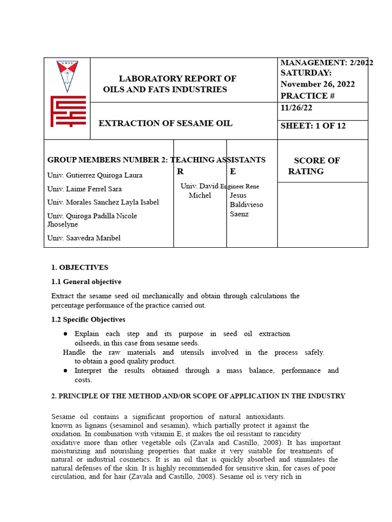 Sesame Oil Extraction Laboratory Report | PDF | Sesame | Foods